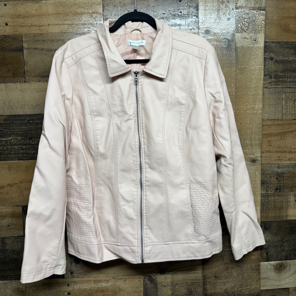 christopher & banks Pink Faux Leather Moto Jacket Sz XL Ribbed Details Zip Front